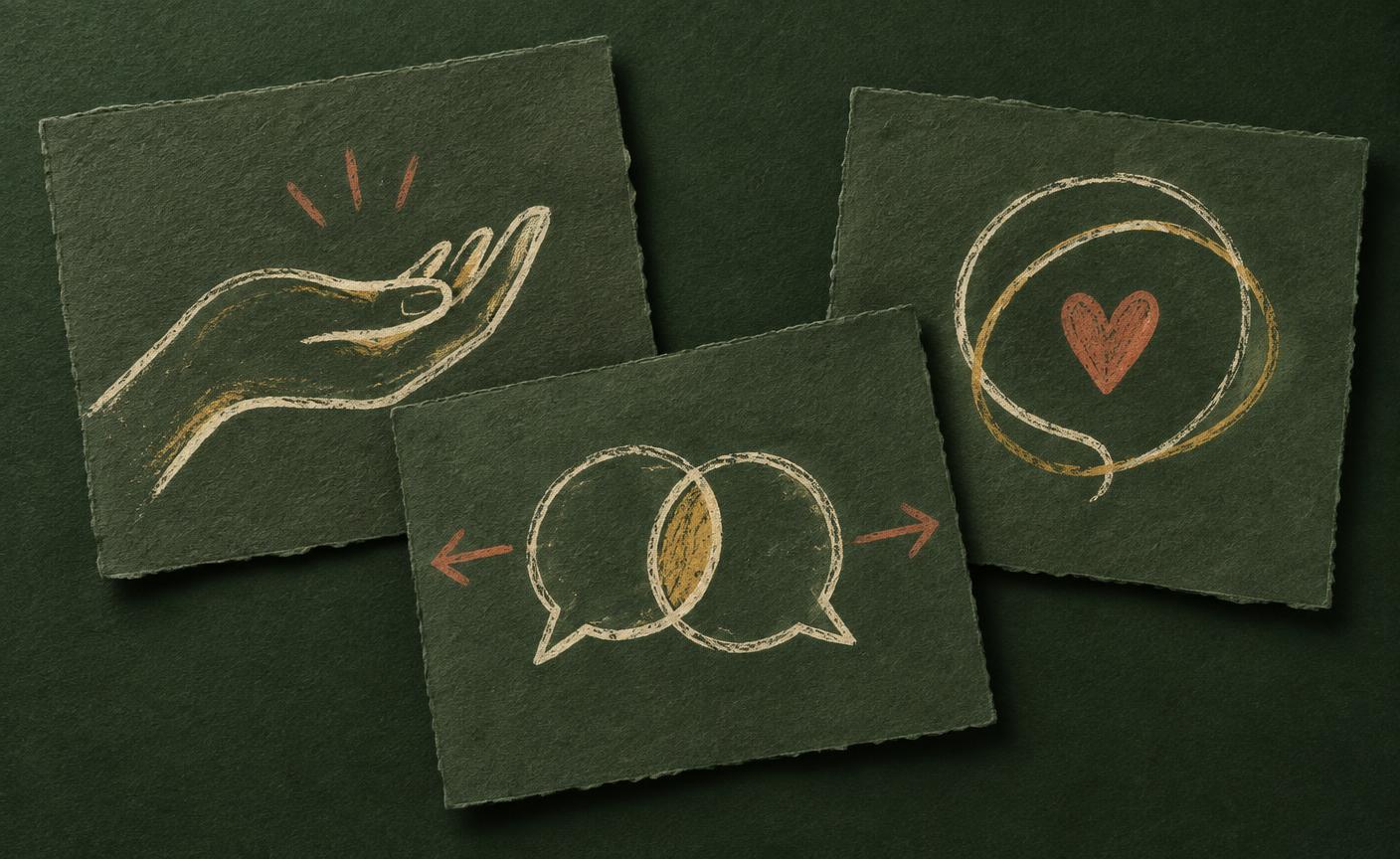 Three hand-drawn symbols of care, conversation, and wellbeing